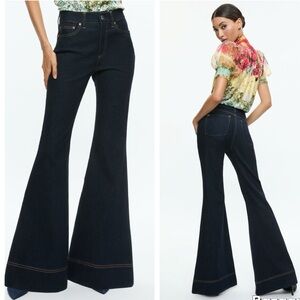 Alice + Olivia SB High Rise Bell Flare Leg Jean in Dark Rinse Blue Denim